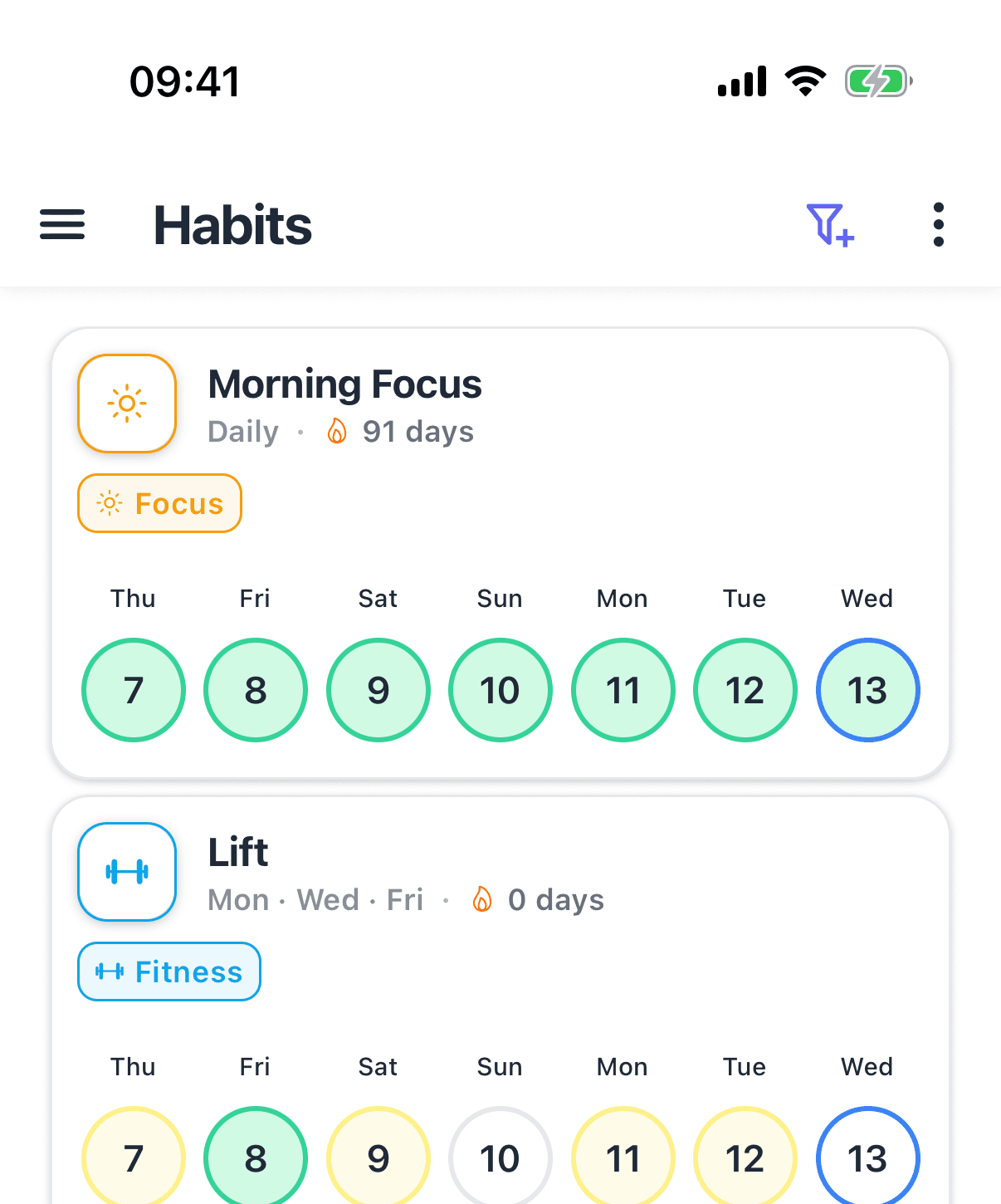 HabitGrip habit schedules showing daily, selected-day, every-third-day, and weekly targets