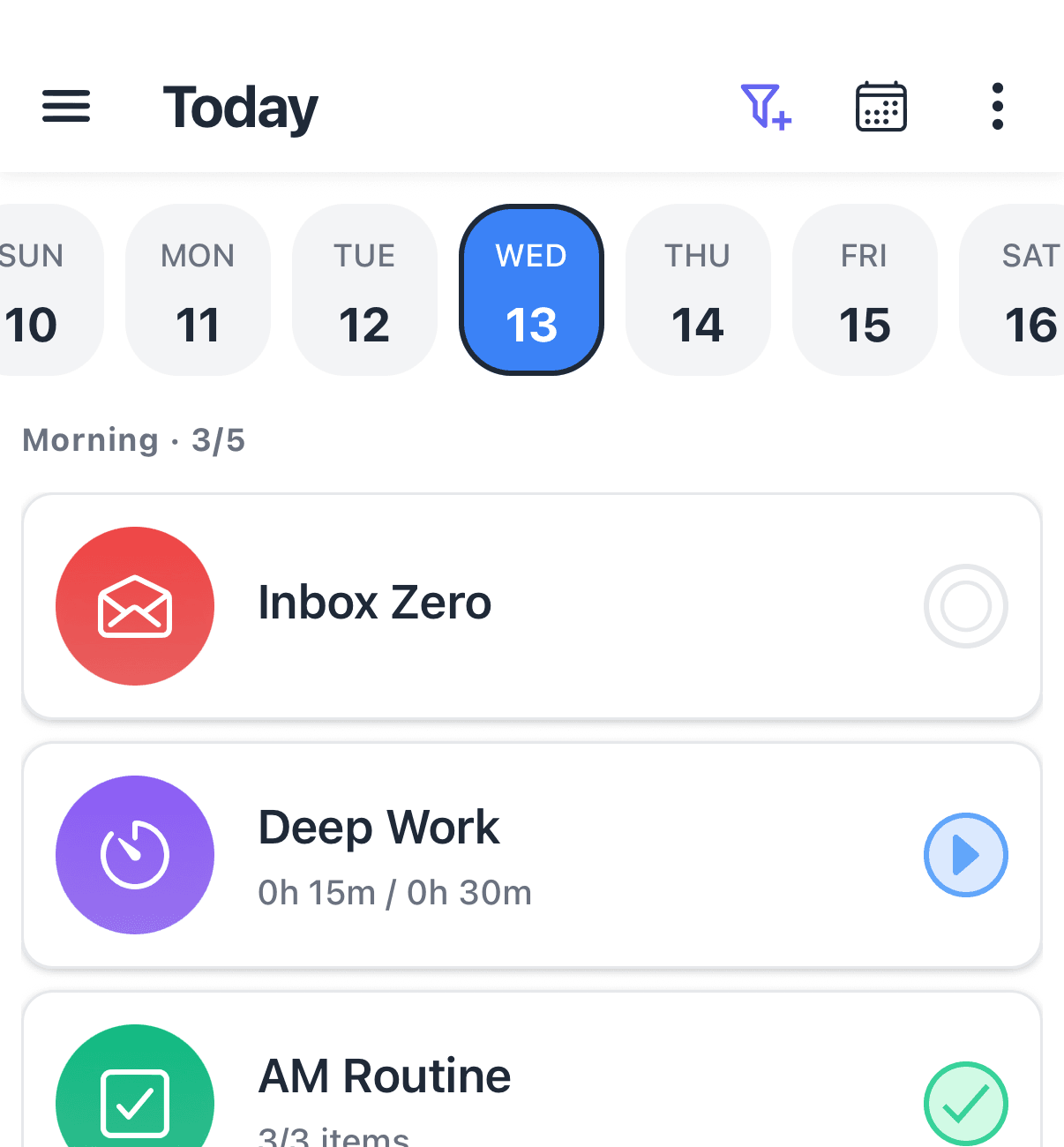 HabitGrip Today view combining habits, tasks, timer tracking, and numeric goals