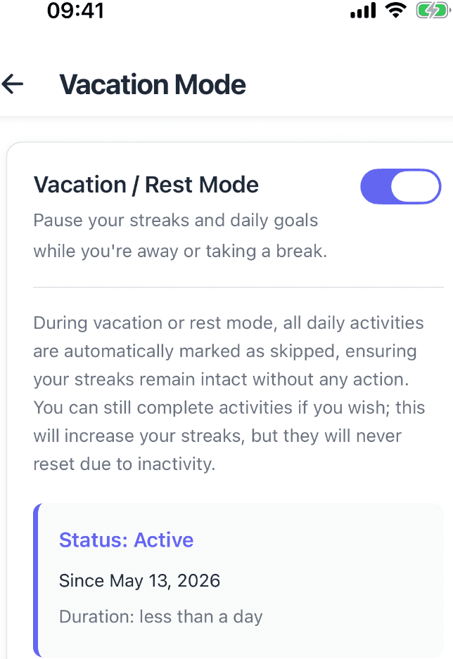 HabitGrip Vacation Mode pausing daily activities while preserving habit history
