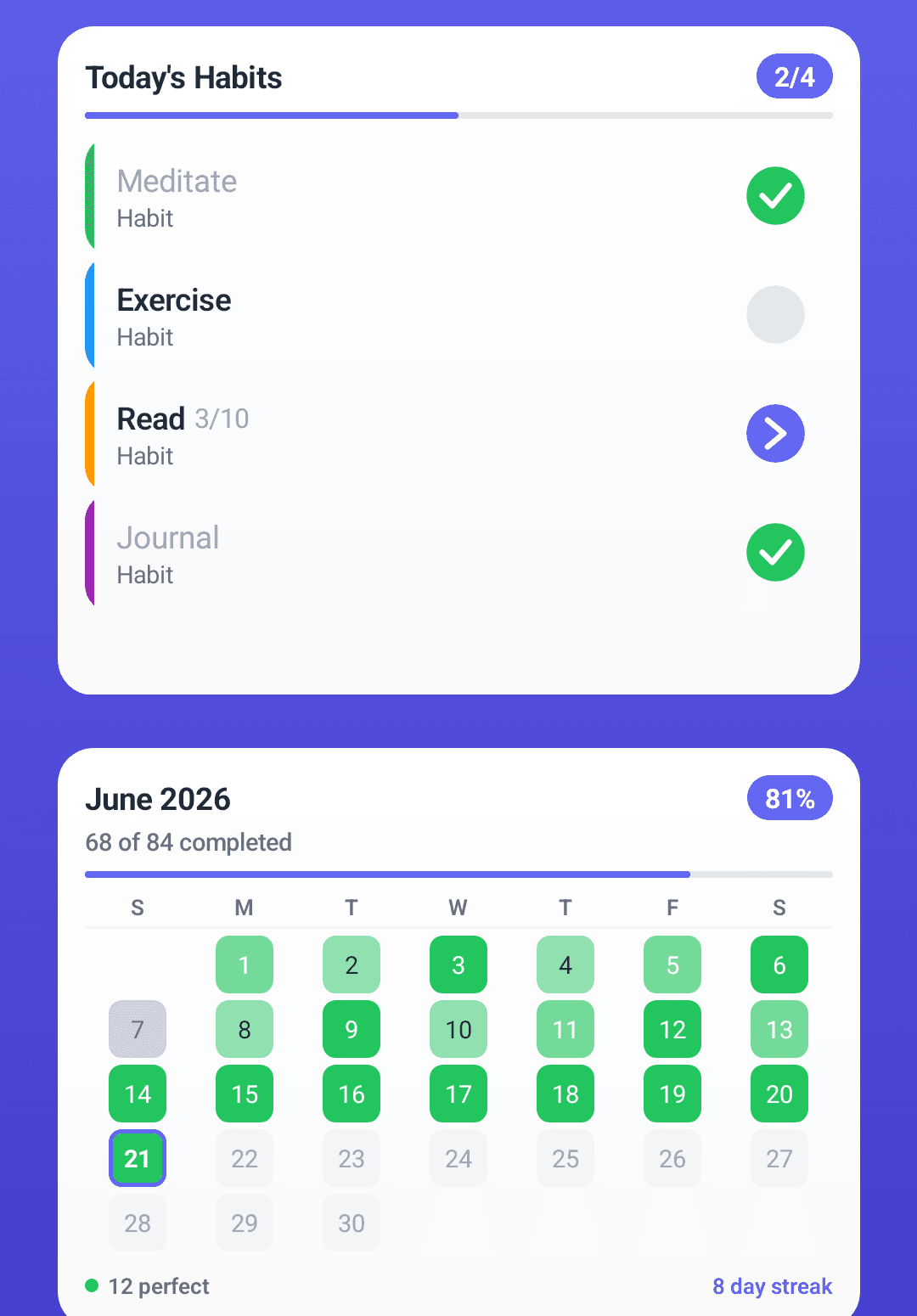 HabitGrip widgets showing today’s habits and monthly completion progress