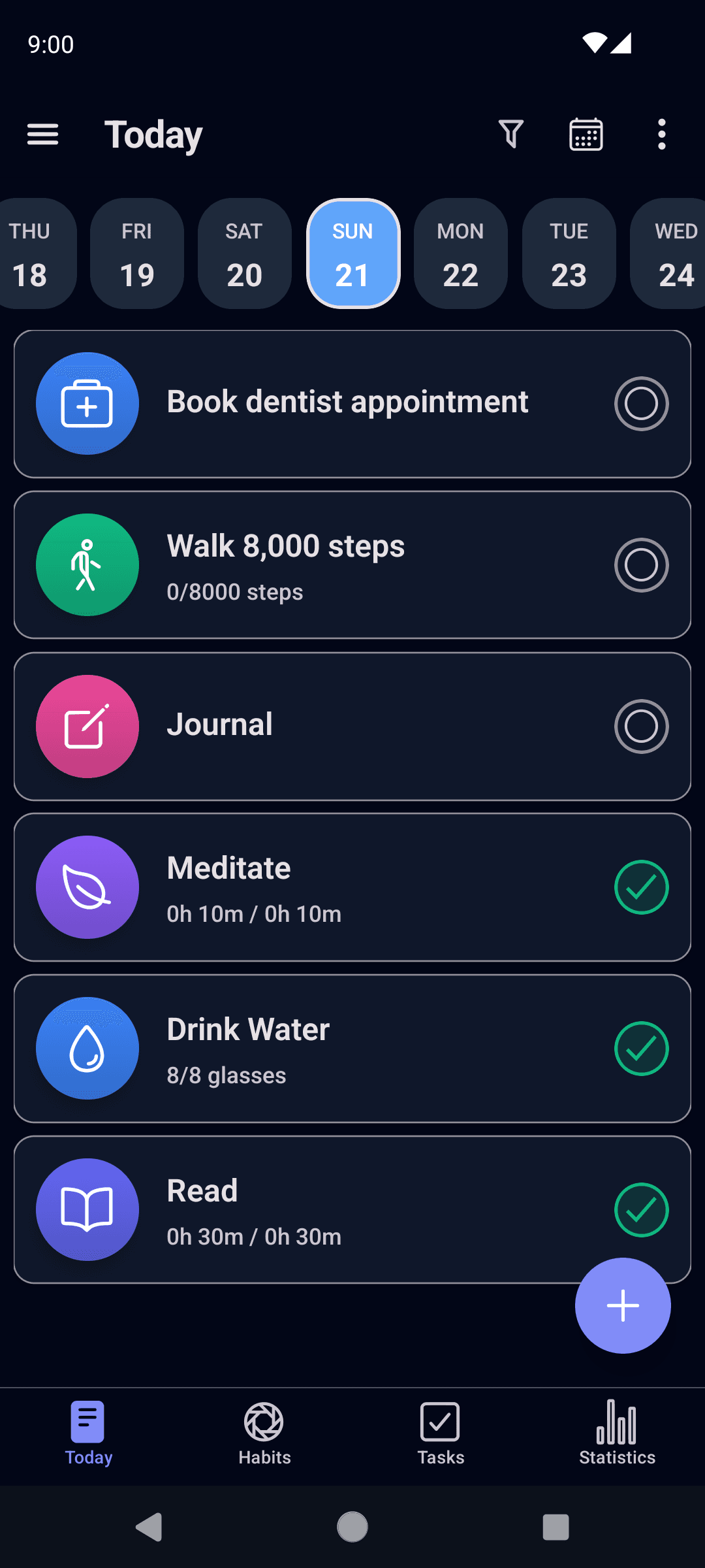 HabitGrip Today screen in dark mode