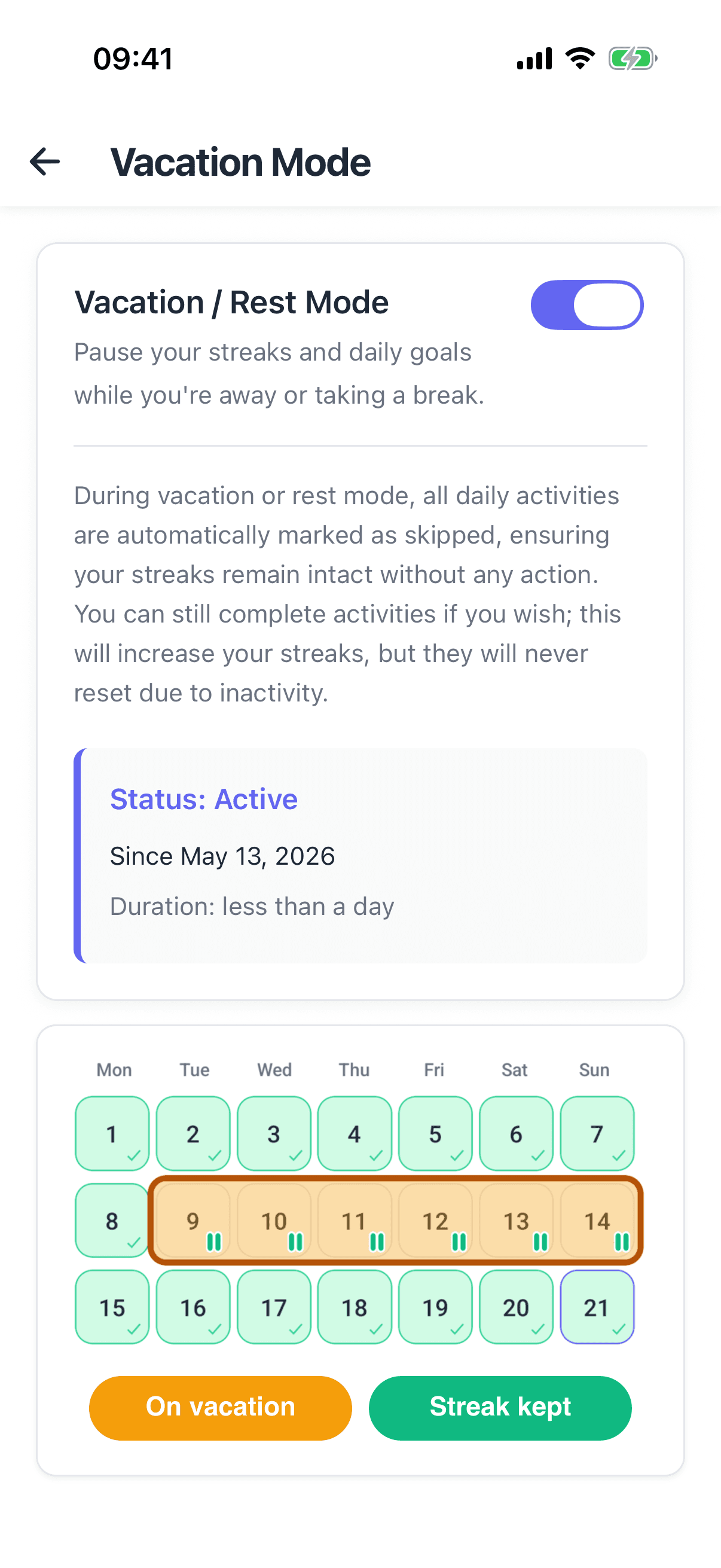 HabitGrip Settings showing Vacation Mode with the toggle enabled
