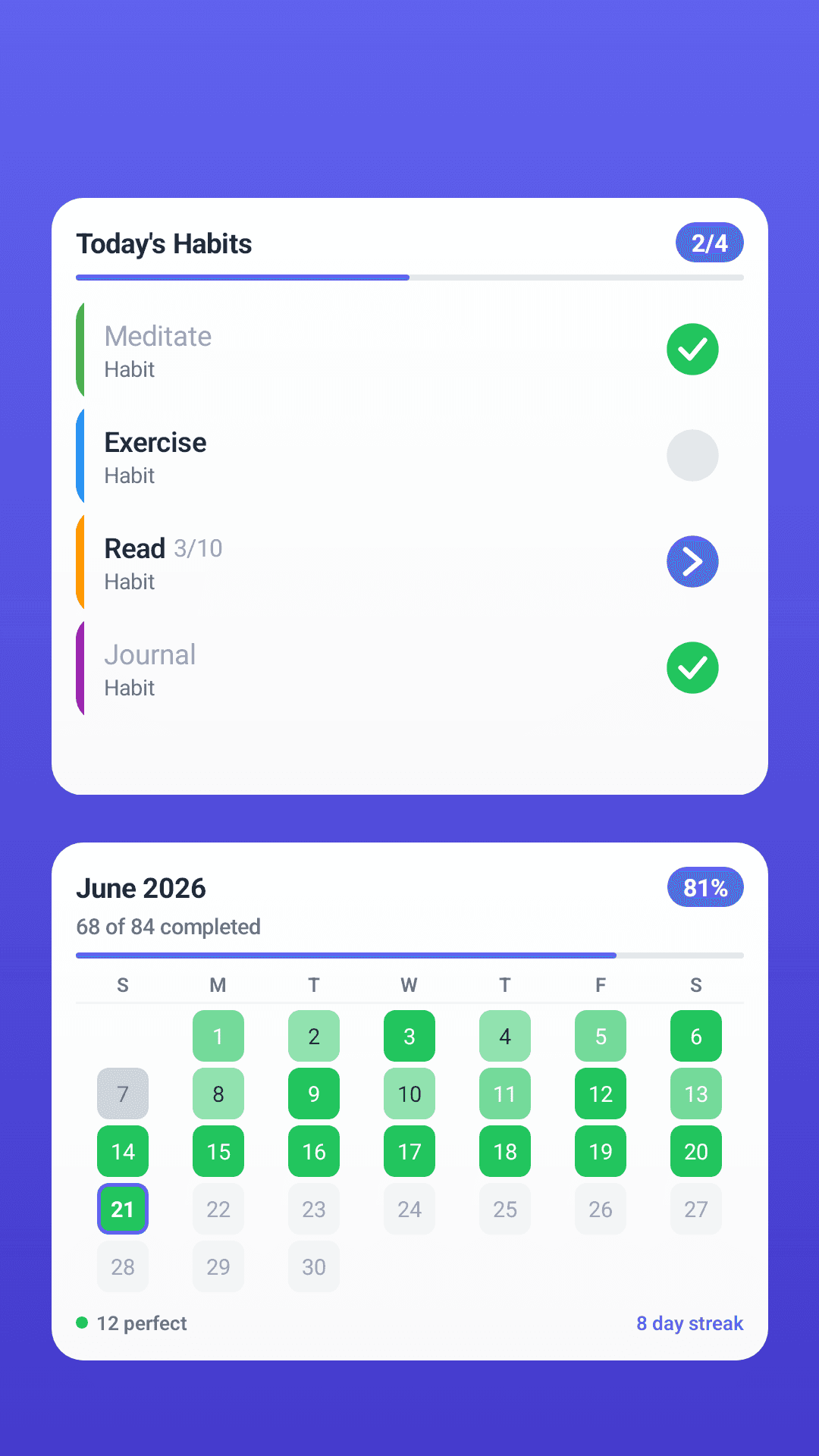 HabitGrip home-screen widgets — Today's Habits and the Monthly Heatmap