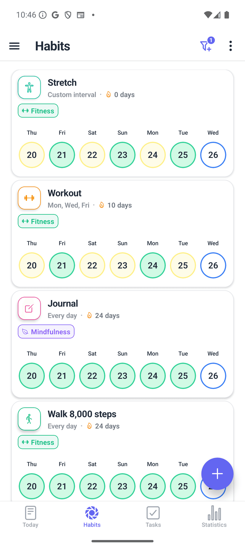 HabitGrip Habits tab showing weekly calendars, streak counts, and category tags