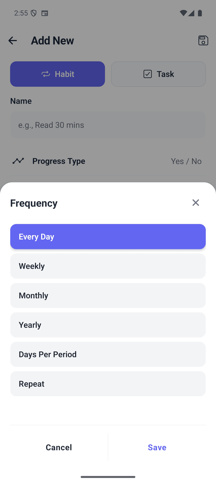 HabitGrip Add New habit screen with Frequency picker showing Every Day, Weekly, Monthly options
