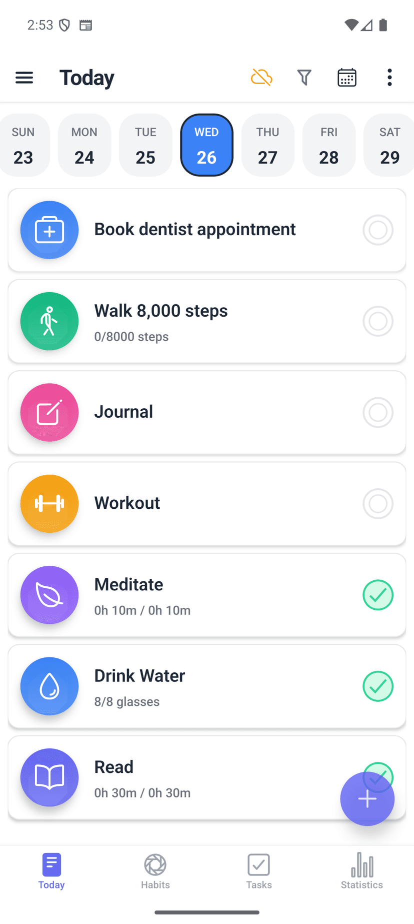 HabitGrip Today view with a weekly calendar, colorful habit cards, and progress checkmarks